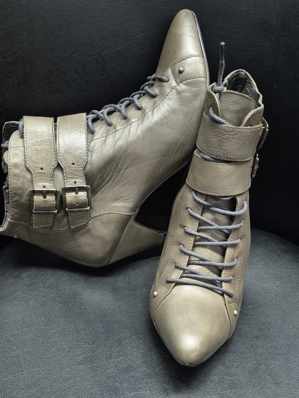 Lace-Up Pointed Ankle Boots with Buckle Straps Womens Size 9.5